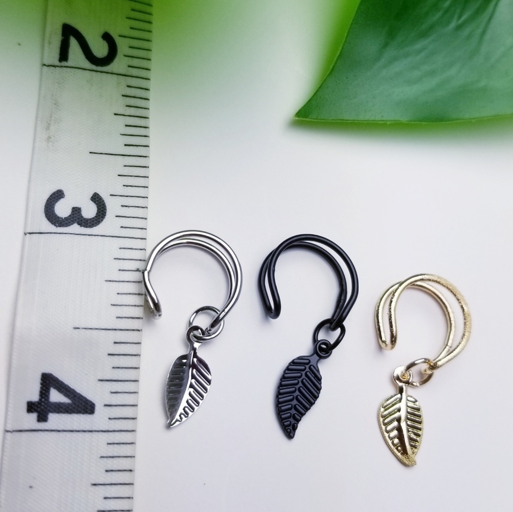 One Double Ear Cuff Leaf Feather Pendant Black - Picture 6 of 7